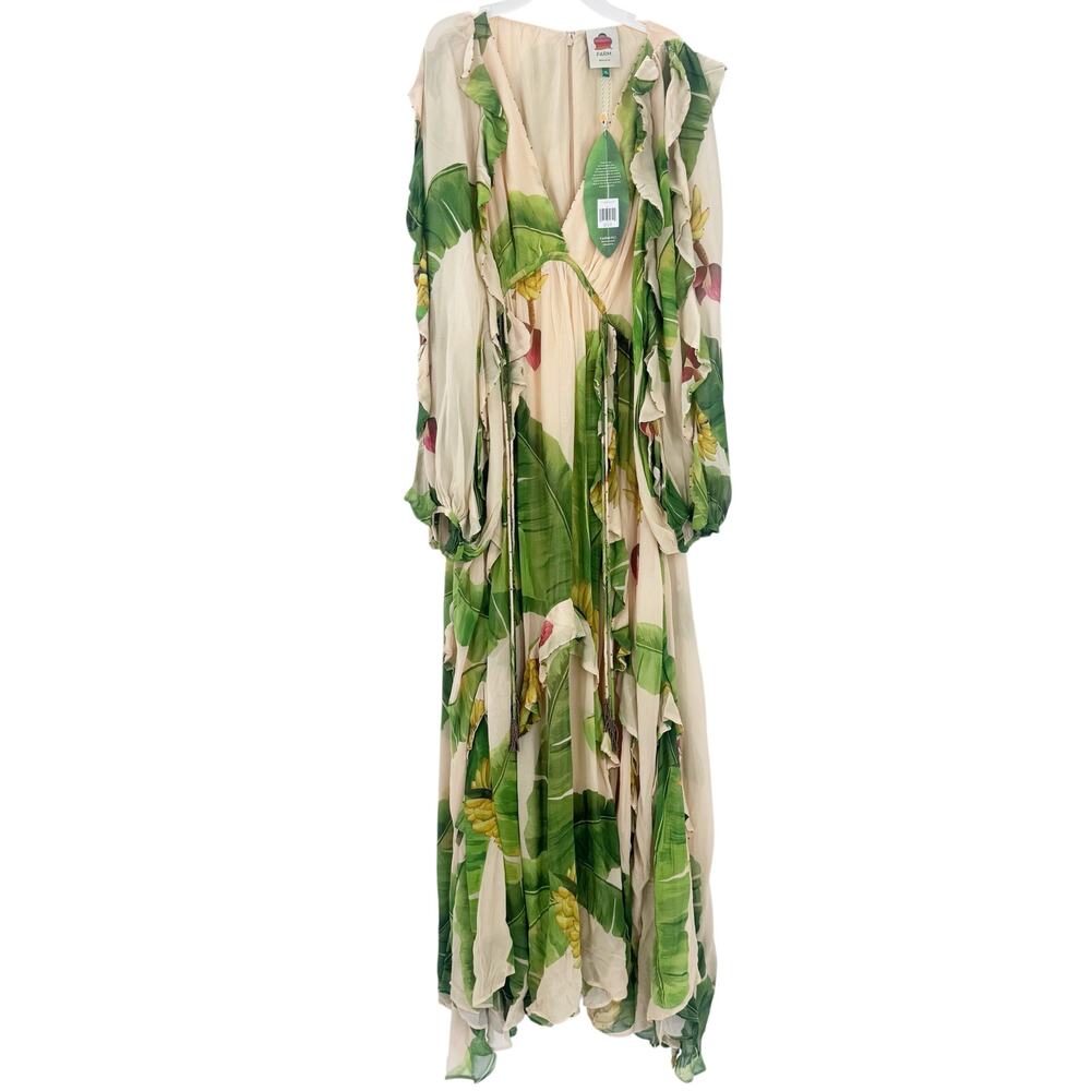 FARM Rio Women's Ruffled Banana-Print Maxi Dress Green/Beige Size XL NWT - Picture 7 of 14